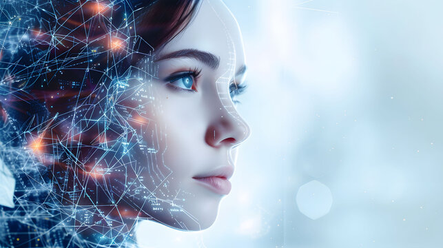 A cyber-girl of European appearance emerges from the symbolic sea of ​​neural networks