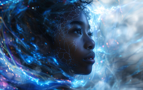 A cybergirl of African appearance emerges from the symbolic sea of ​​neural networks
