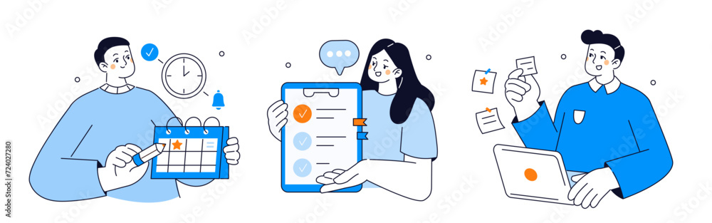 Aufkleber schedule management, business and organization concept set. collection of characters planning and or