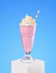 Pink cream milkshake with a straw and sprinkle. Festive dessert.