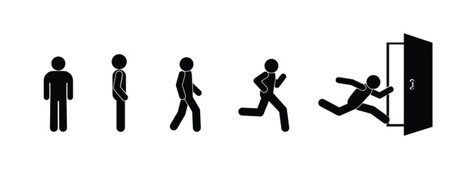 stick figure man stands, walks, runs, isolated icon set, door illustration