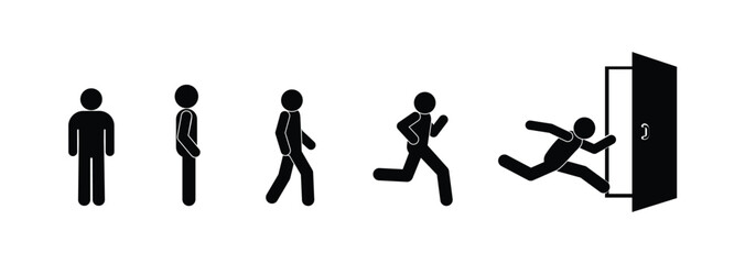 Naklejka premium stick figure man stands, walks, runs, isolated icon set, door illustration
