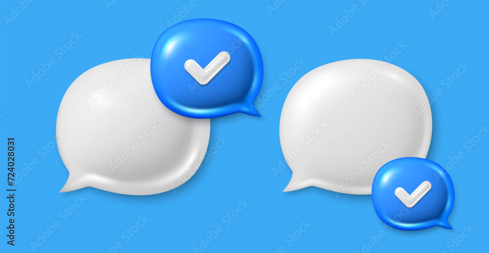 Poster dialog 3d speech bubble icons. chat comment icons set. talk message box with checkmark. modern reali