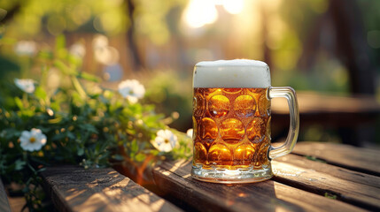 Sunlit Beer Glass Outdoors.
Sunlight casting a warm glow on a beer glass outdoors, surrounded by nature.