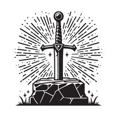 Excalibur sword in stone.
Vintage vector engraving illustration. Black and white color. isolated object. Icon, logo, emblem