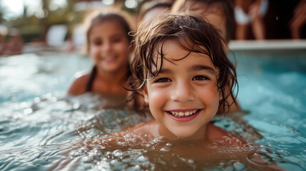 Joyful Poolside Moments: Young Boy's Radiant Smile Captured during Family Water Play