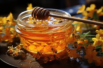 Honey in a glass jar with a bee flying and flowers on a wooden floor.