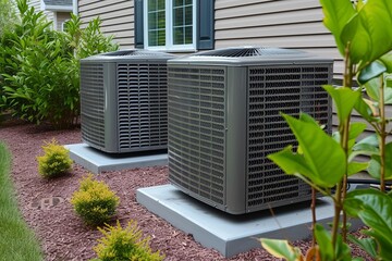 Heating and air conditioning residential HVAC units are essential for maintaining a comfortable and healthy indoor environment. - obrazy, fototapety, plakaty