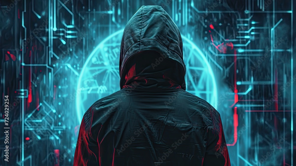 Poster hacker in a black hoodie standing in front of glowing circuit board. hacking concept