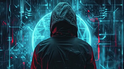 Hacker in a black hoodie standing in front of glowing circuit board. Hacking concept