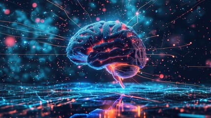 Obraz premium Human brain with glowing blue particles on dark background