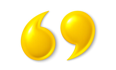 Quote mark 3d icons. Quotation marks, yellow comma sign. Information quote design. Comment message and citation, quotation decoration. Vector illustration