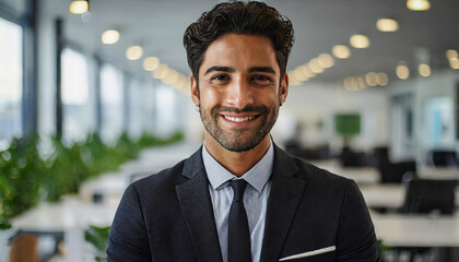 Empowered smiling businessman in his office, agile scrum