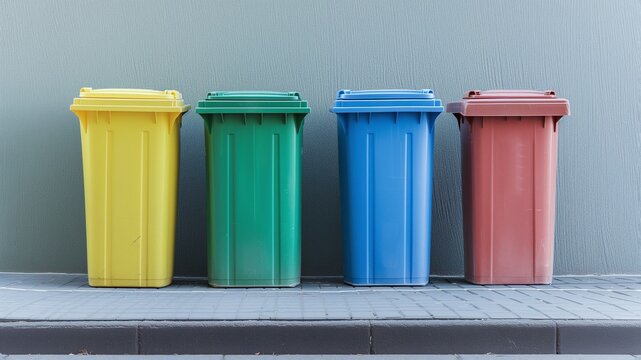 Des poubelles de tri pour recycler les déchets de couleur jaune, vert, bleu et rouge devant un mur