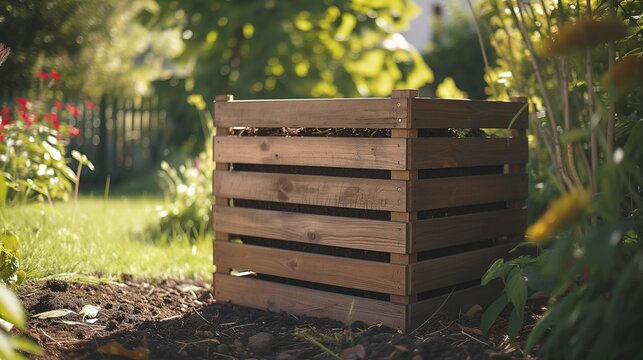 Un bac &agrave; compost pos&eacute; dans un jardin pour composter ses d&eacute;chets vert