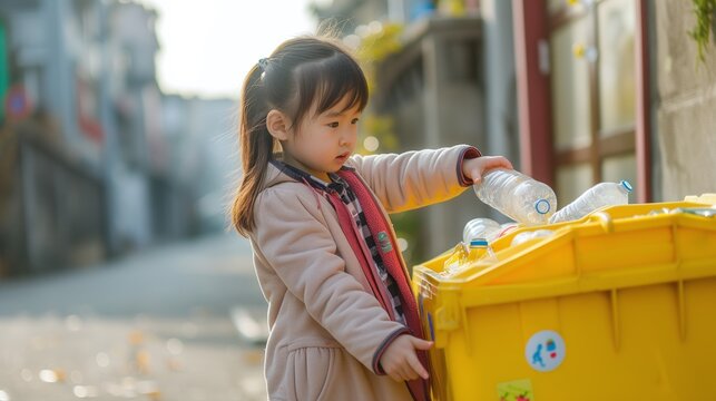 Une petite fille écologique jette une bouteille en plastique dans une poubelle de tri sélectif jaune pour la recycler