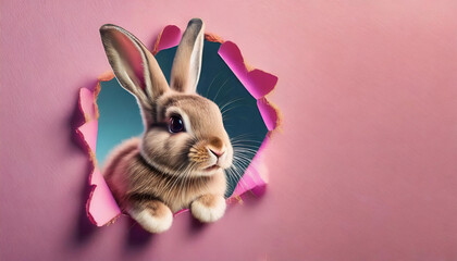 Bunny with sunglasses peeking out of a hole in pink wall, fluffy eared bunny easter bunny banner, rabbit jump out torn hole - obrazy, fototapety, plakaty