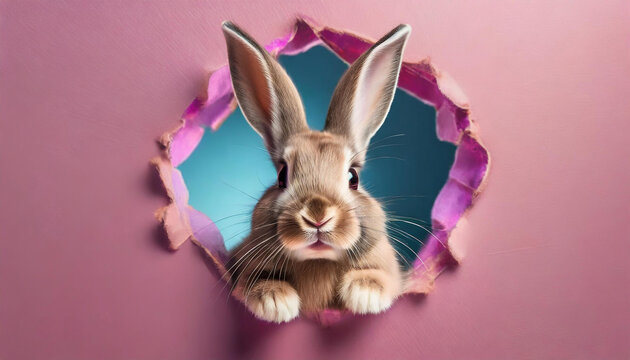 Bunny with sunglasses peeking out of a hole in pink wall, fluffy eared bunny easter bunny banner, rabbit jump out torn hole