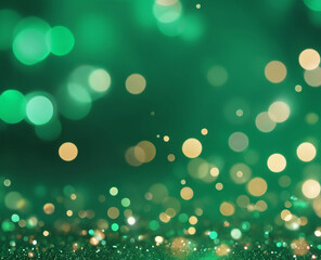 Abstract green background with golden bokeh lights Christmas and New Year concept