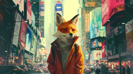 Stylish Fox in the City. A Unique Digital Art Illustration of an Anthropomorphic Fox Dressed in Modern Fashion Against a Vibrant Times Square Backdrop