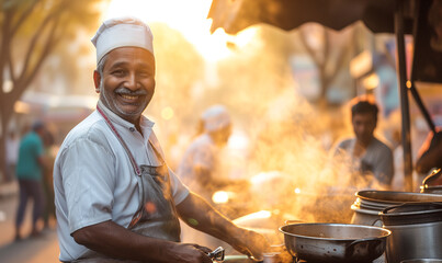 Fototapeta na wymiar Indian Street food chef cooking in a frying pan with a high flameon, Local Street fast Food.