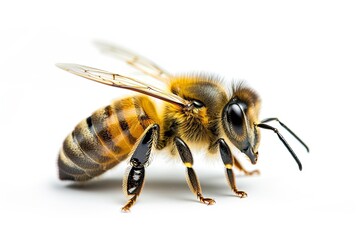 Honey bee in front of a white background
