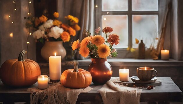 a table with a view of the window with autumn decoration pumpkin flowers suitable as a background or cover