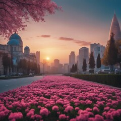 Enchanting Cityscape: A Vibrant Metropolis Adorned with Delicate Pink Blossoms