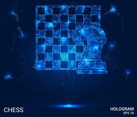 Hologram chess. A chessboard made of polygons, triangles of points and lines. Chess is a low-poly compound structure. Technology concept vector.