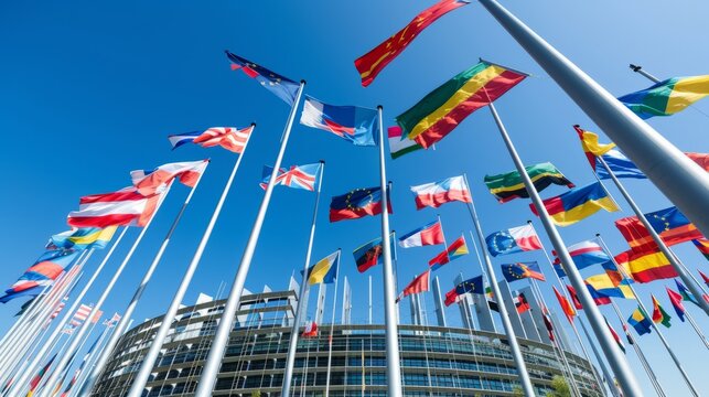 Flags of the member states of the European Union flying outside the European Parliament building in Brussels
