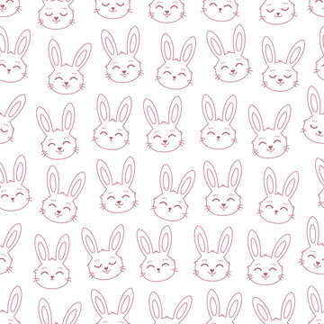 Outline bunny faces seamless pattern. Coloring book. Easter bunny. Hand drawn vector illustration