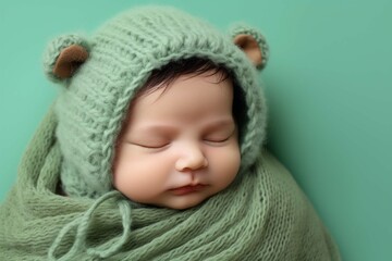 Sleeping newborn baby on a green background