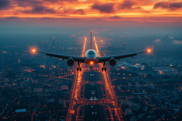 airplane in the sky, leaving the airport, sunset in the city