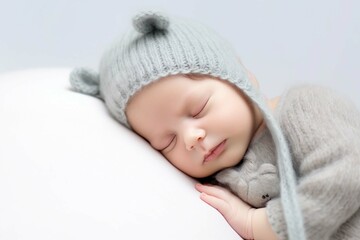 Sleeping newborn boy in the first days of life on white background 
