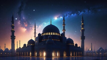 Big Mosque Under Starry Night. Suitable for Ramadan concept, Islamic concept, Greeting card, Wallpaper, Background, Illustration, etc 