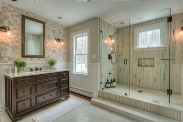 Ensuite bathroom with large corner shower and his and her vanity