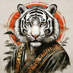 Illustration vintage sur fond blanc d'un tigre en kimono japonais, encre sumi-e, calligraphie japonaise