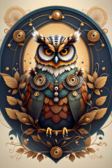 Craft a mesmerizing vector illustration portraying an owl elegantly. Infuse the artwork with a vintage retro vibe, reminiscent of a steampunk aesthetic. Aim for high quality, utilizing 4k resolution, 