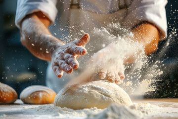 A baker kneads dough preparing it for baking fresh bread against blurred bakery background.