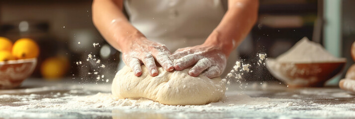 A baker kneads dough preparing it for baking fresh bread against blurred bakery background.