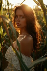 Beautiful Woman walks through Corn Field down to the River - Her Hair looks like Gold in the Morning Sun - Summer Fashion Beauty Girl Background created with Generative AI Technology