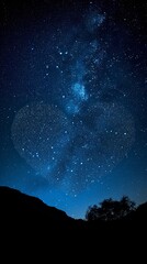 A heart-shaped constellation set against a starry night sky, leaving a clear central area for Valentine's messages. Vertical orientation. 
