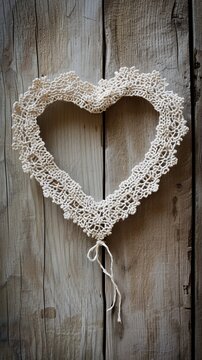 An intricate heart made of vintage lace against a rustic wood background, framing a clear space for text. Vertical. 