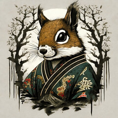 Illustration vintage sur fond blanc d'un écureuil en kimono japonais, encre sumi-e, calligraphie japonaise