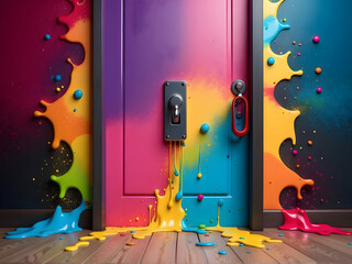 colorful splashes surround the lock, with confetti and pulverized splashes on the door