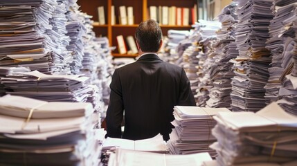 Overloaded office worker surrounded by stacks paperwork, desk covered with papers, looking on documents, office completely filled folders - obrazy, fototapety, plakaty
