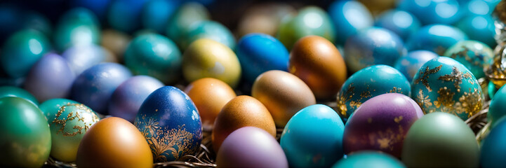 Fototapeta na wymiar colored eggs background banner