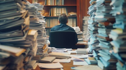 Overloaded office worker surrounded by stacks paperwork, desk covered with papers, looking on documents, office completely filled folders - obrazy, fototapety, plakaty