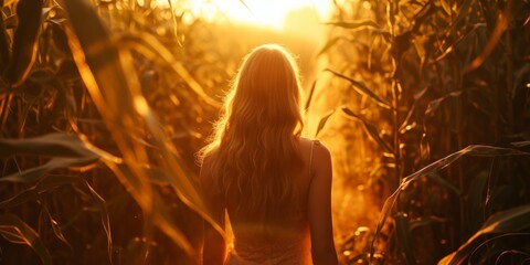 Beautiful Woman walks through Corn Field down to the River - Her Hair looks like Gold in the Morning Sun - Summer Fashion Beauty Girl Background created with Generative AI Technology