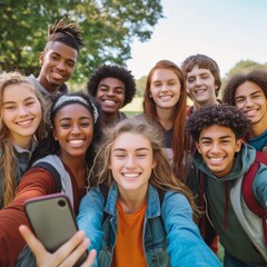 Fototapeta premium A group of diverse teenagers take a selfie together outdoors